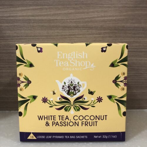 ENGLISH TEA SHOP Organic White Tea, Coconut & Passion Fruits Pyramid Loose Leaf Tea Sachet 16s 32gm